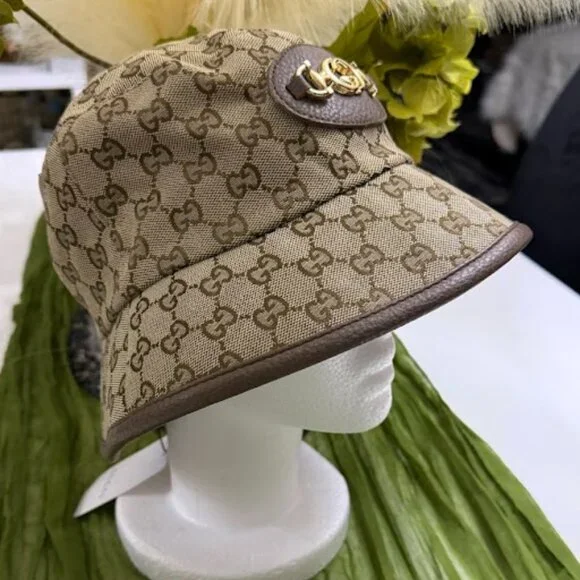 Gucci GG Supreme Monogram Bucket Hat Horsebit Gold Logo Beige Brown Italy - Picture 2 of 6